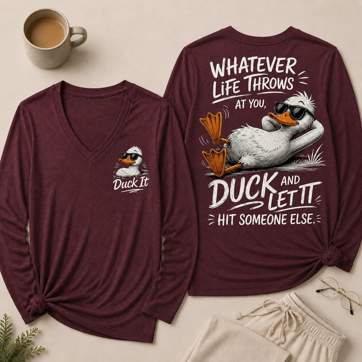 Whatever Life Throws at You – Duck It V Neck Long Sleeve Shirts