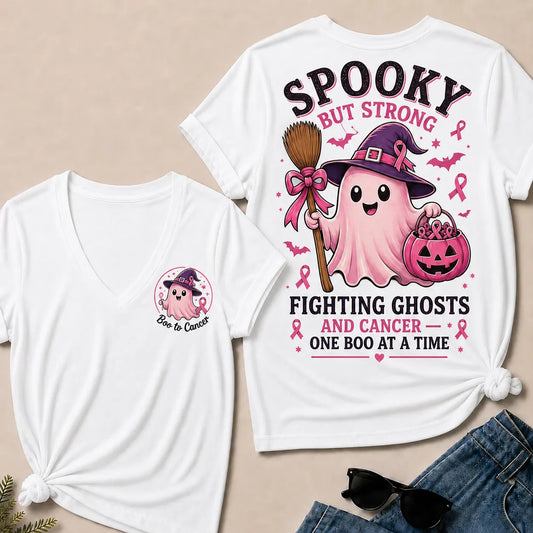 "Fighting Ghosts and Cancer – One BOO at a Time" V-Neck Tee