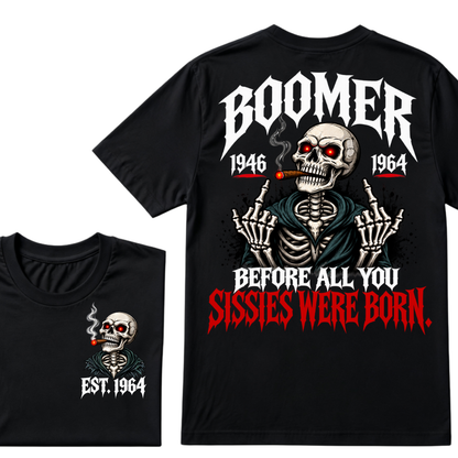 Boomer EST.Year Before All You Sissies Were Born Skeleton Smoking Cigar Double Sided T-Shirt, Gen Boomer Vintage Skull Tee