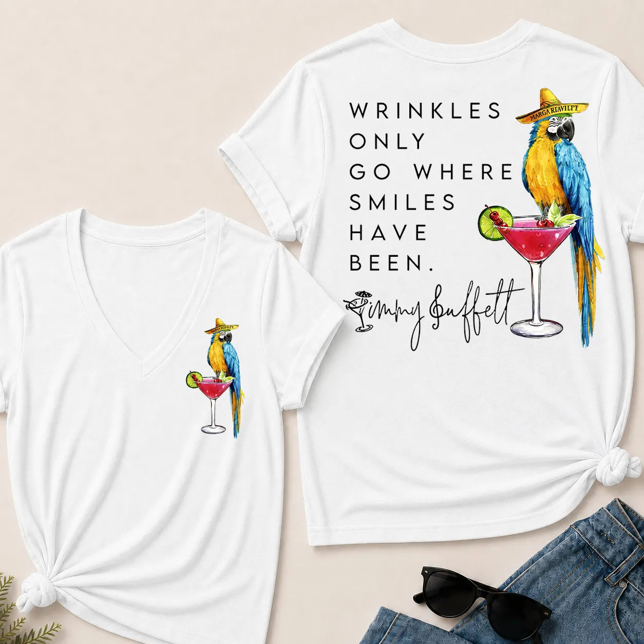 "Wrinkles Only Go Where Smiles Have Been" – Jimmy Buffett Tribute V-Neck Tee