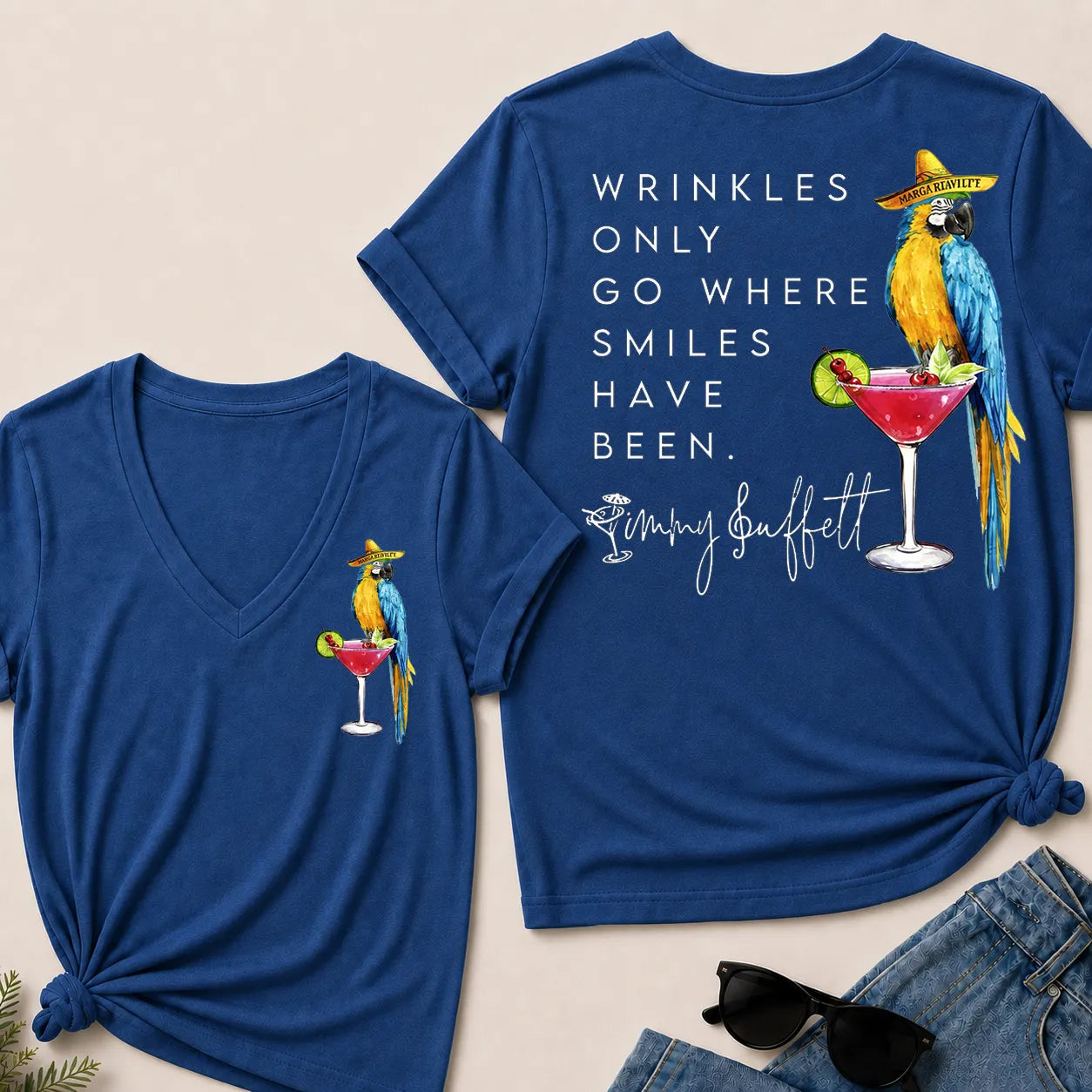 "Wrinkles Only Go Where Smiles Have Been" – Jimmy Buffett Tribute V-Neck Tee