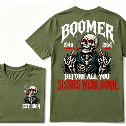 Boomer EST.Year Before All You Sissies Were Born Skeleton Smoking Cigar Double Sided T-Shirt, Gen Boomer Vintage Skull Tee