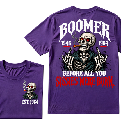 Boomer EST.Year Before All You Sissies Were Born Skeleton Smoking Cigar Double Sided T-Shirt, Gen Boomer Vintage Skull Tee