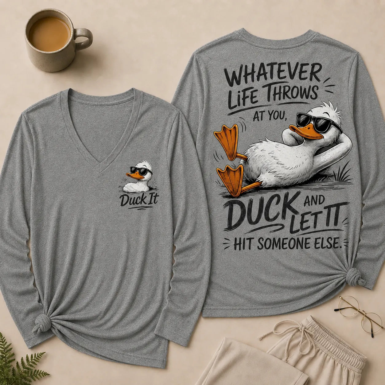 Whatever Life Throws at You – Duck It V Neck Long Sleeve Shirts