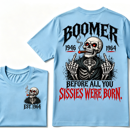 Boomer EST.Year Before All You Sissies Were Born Skeleton Smoking Cigar Double Sided T-Shirt, Gen Boomer Vintage Skull Tee