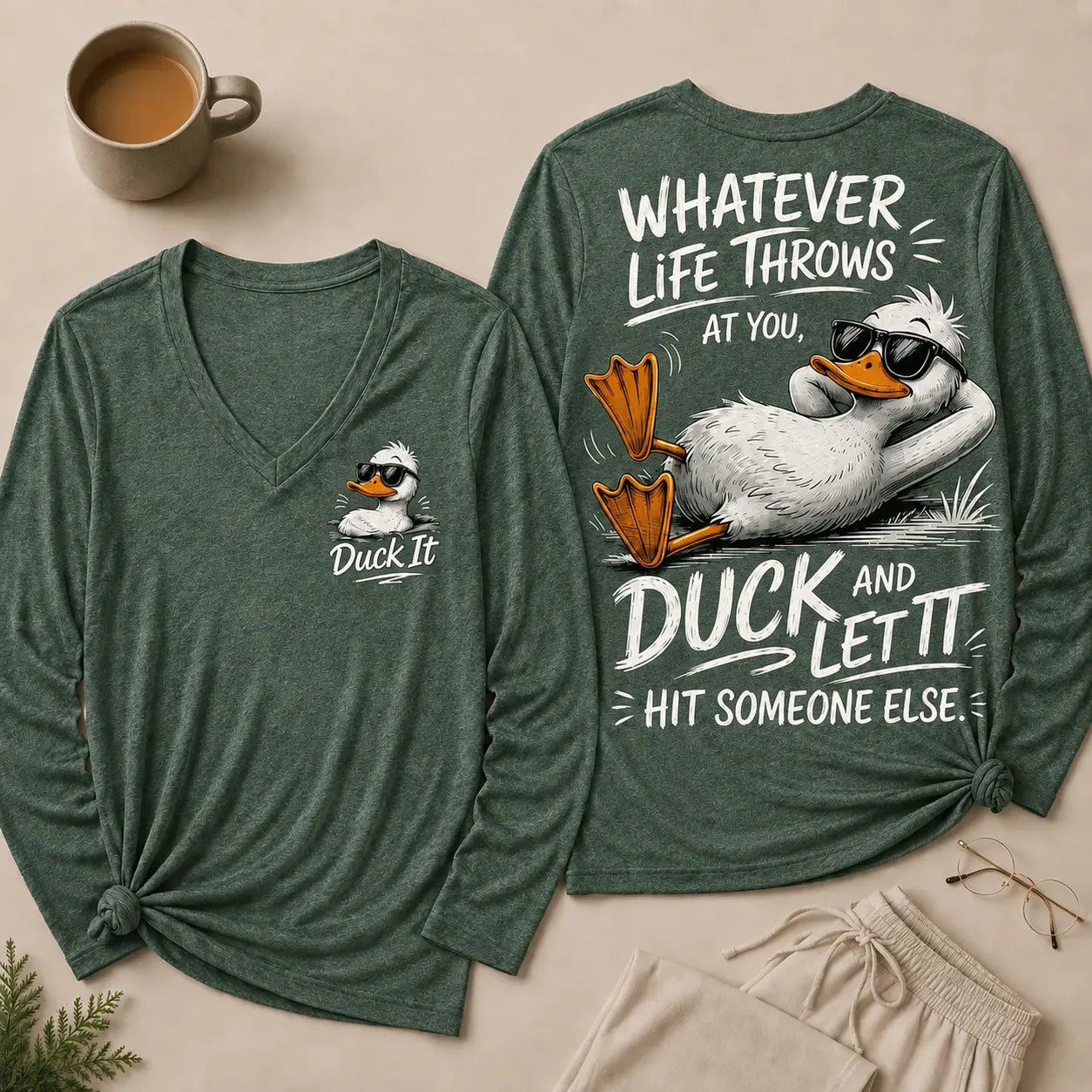 Whatever Life Throws at You – Duck It V Neck Long Sleeve Shirts
