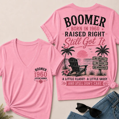 Custom Year "Boomer – Born in 1960. Raised Right. Still Got It." V-Neck Tee