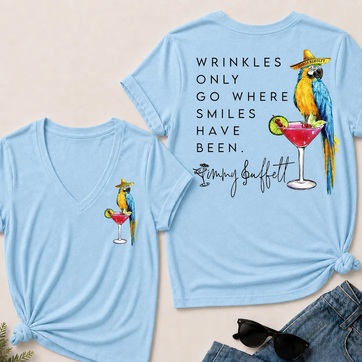 "Wrinkles Only Go Where Smiles Have Been" – Jimmy Buffett Tribute V-Neck Tee