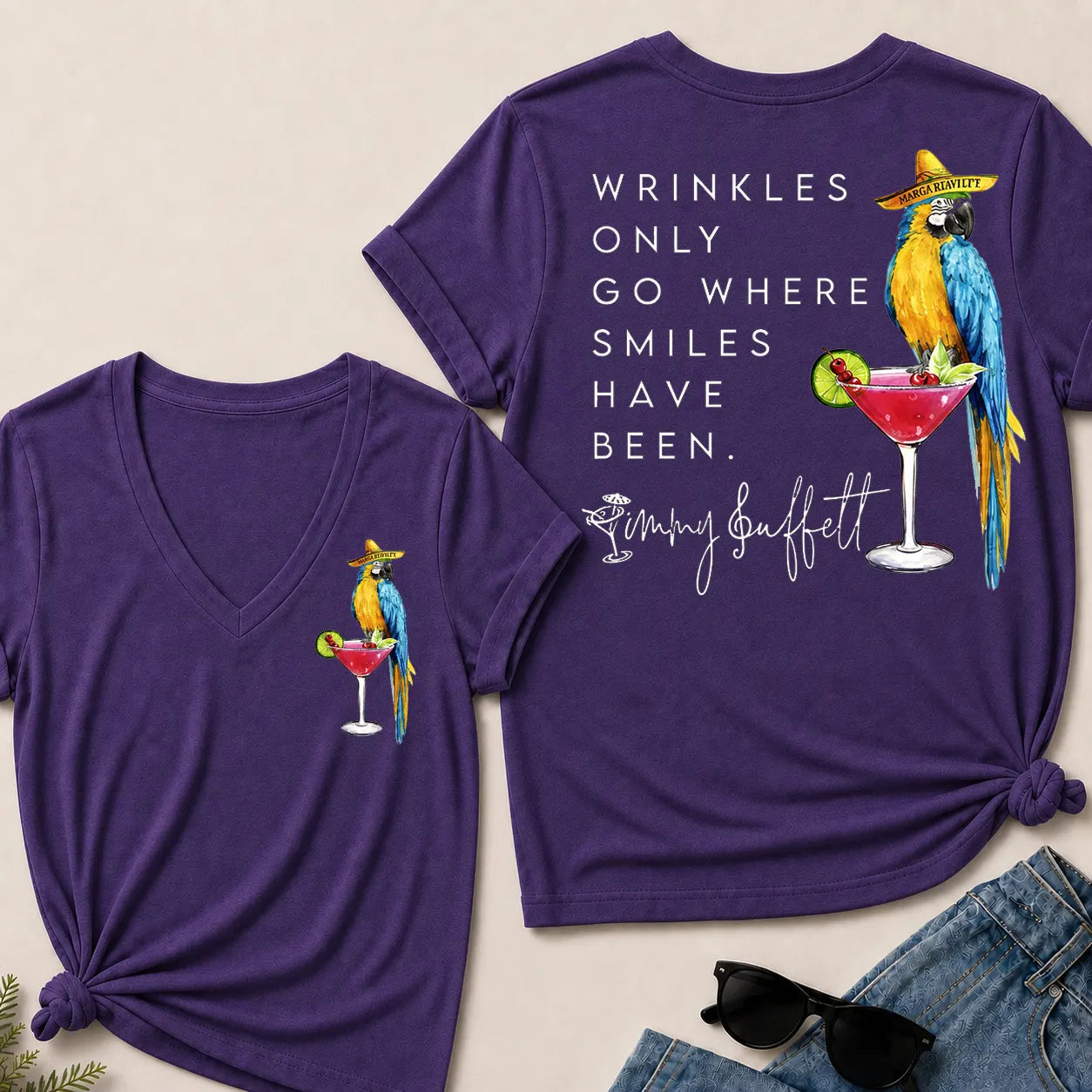 "Wrinkles Only Go Where Smiles Have Been" – Jimmy Buffett Tribute V-Neck Tee